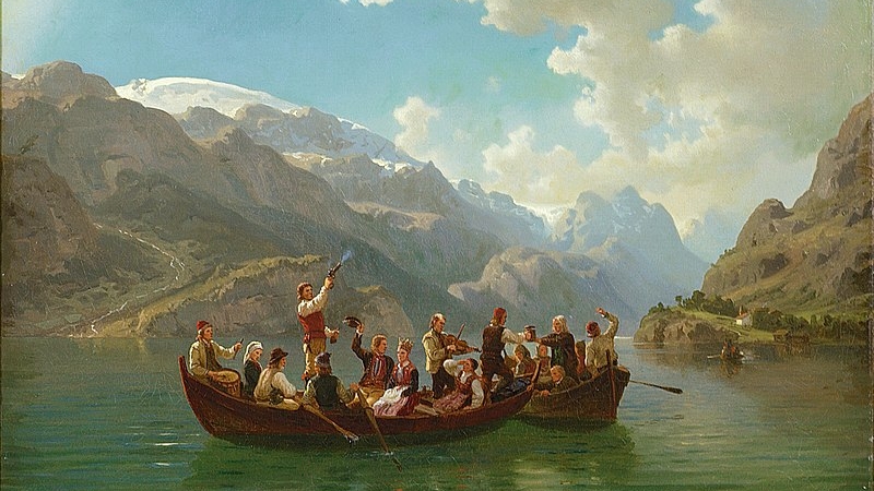 Obraz norských romantických malířů Adolpha Tidemanda a Hanse Gudeho Svatební průvod v Hardangeru, 1853. Zdroj: Wikmedia Commons