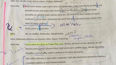 Herecké poznámky k monologu v textu divadelní hry - foto archiv Kateřiny Jebavé,  text NEBESA, autorka Lucy Kirkwood